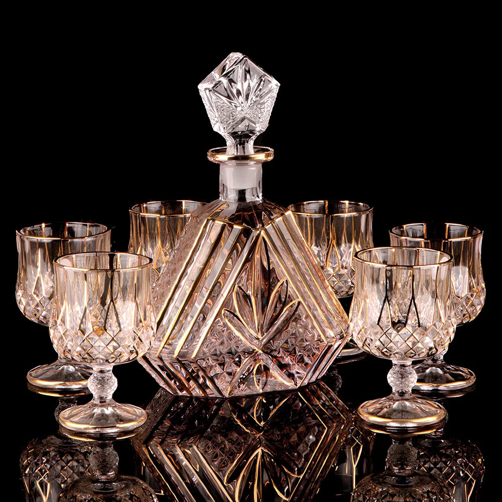 Chinese style yellow crystal glass whiskey and wine set with 7 pieces including glasses and bottles