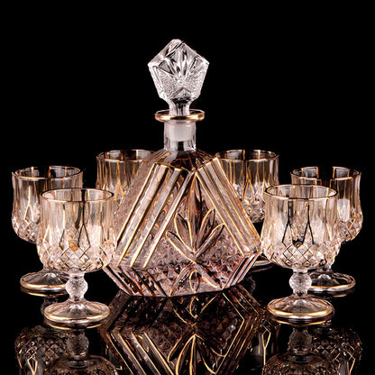 Chinese style yellow crystal glass whiskey and wine set with 7 pieces including glasses and bottles