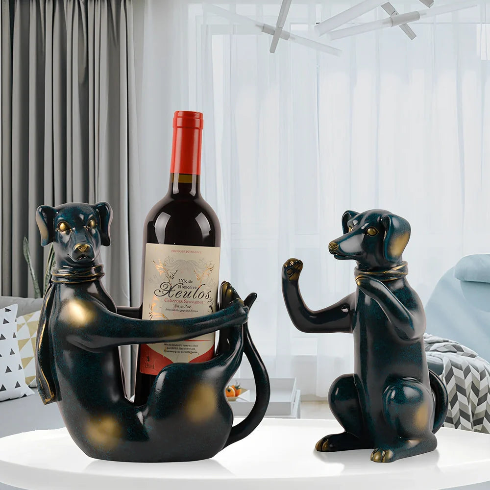 Handcrafted resin dog wine rack in sitting and squatting positions for bottle storage