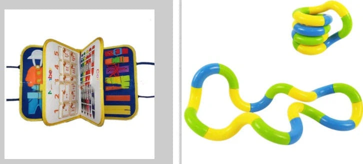 Children's busy board with dressing and buttoning features for early learning