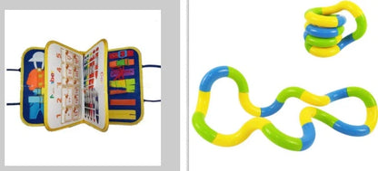 Children's busy board with dressing and buttoning features for early learning