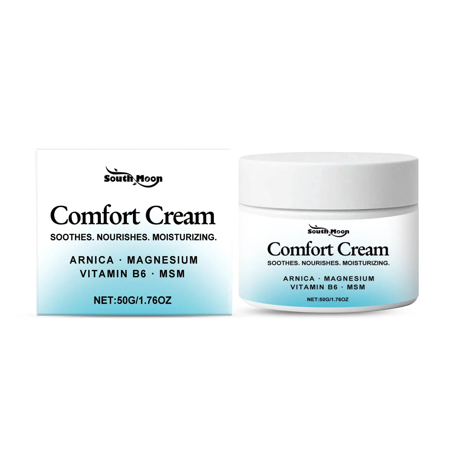 Square white jar of 50g moisturising cream with Shanjinchehua and Vitamin B6 for skin hydration.