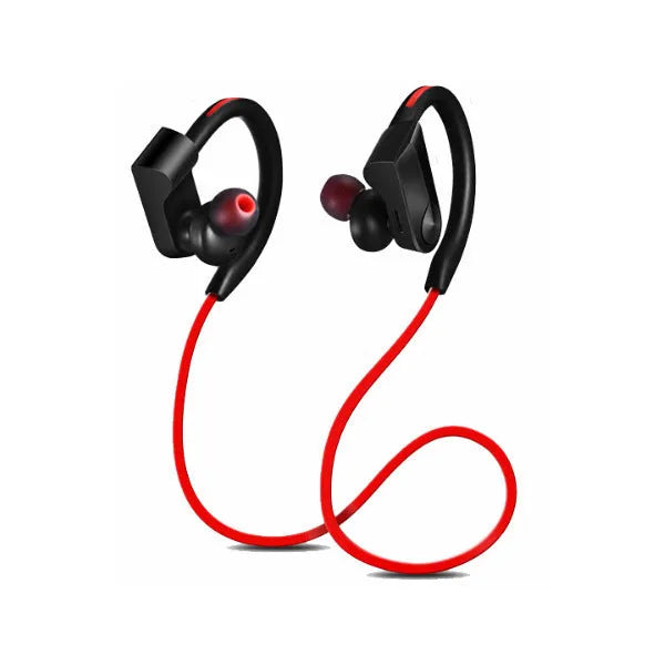 Wireless neckband Bluetooth earphones in black, blue, or red colour with USB charging cable.
