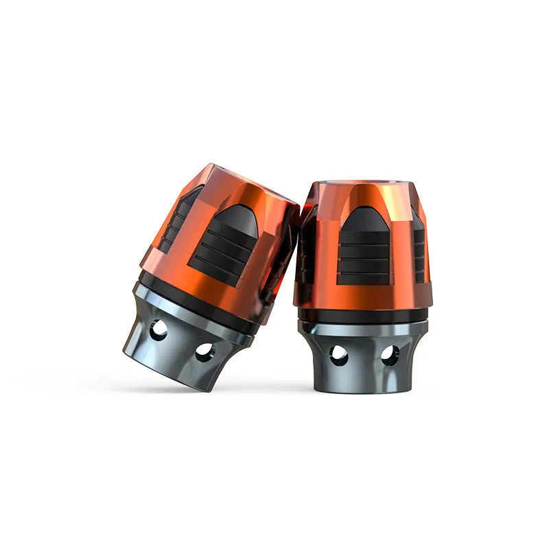 A pair of aluminium alloy fork cups with an anodised coloured finish, for motorcycle or electric car front axles.
