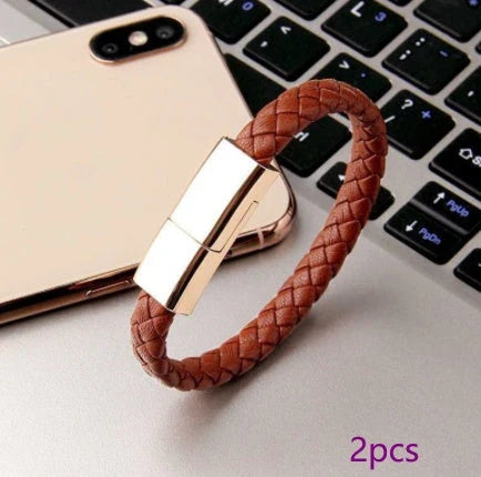 Stylish bracelet charging cable with premium leather and zinc alloy construction, compatible with iPhones, Android, and USB-C devices