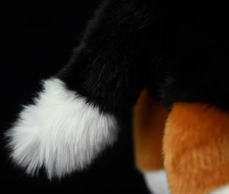 Black Bernese Mountain Dog plush toy showing 29cm length and accurate breed proportions