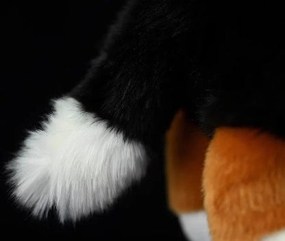 Black Bernese Mountain Dog plush toy showing 29cm length and accurate breed proportions