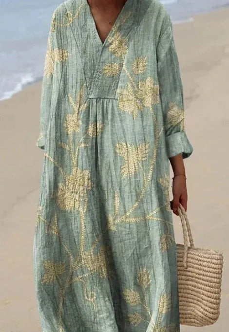 Floral 3D printed shirt dress with wide waist and long skirt in picture style colour