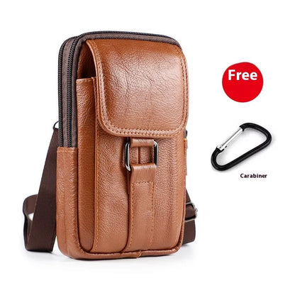 Men's black genuine leather waist bag with lock, coin pocket, and crossbody strap for daily urban use