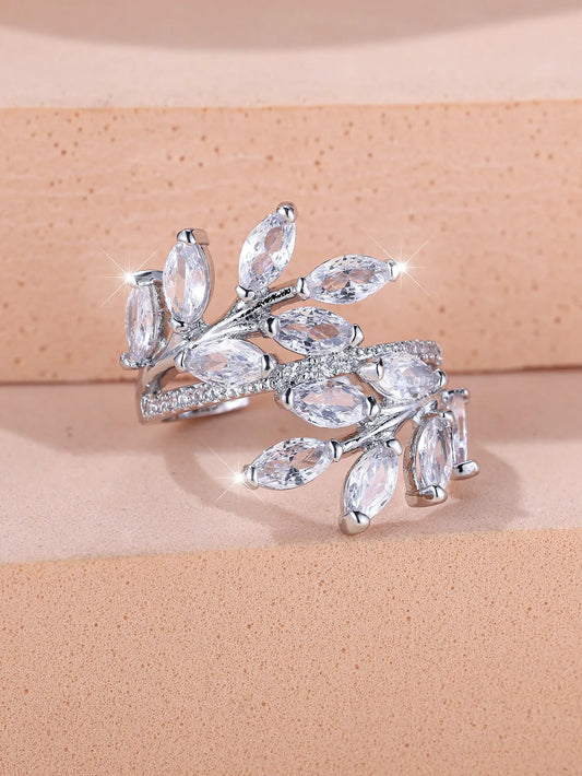 Horse Eye Zircon Leaf Ring with adjustable opening in rose gold purple white diamond colour on a hand
