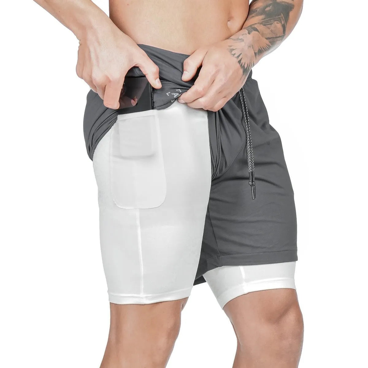 Pocket compression shorts in nylon, moisture-wicking and quick-drying, available in multiple colours and sizes S to 3XL.