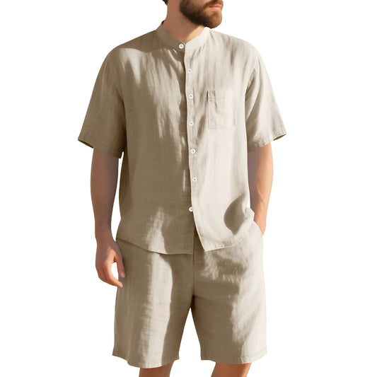 Men's light blue linen blend summer suit with short sleeve Henry collar jacket and matching shorts
