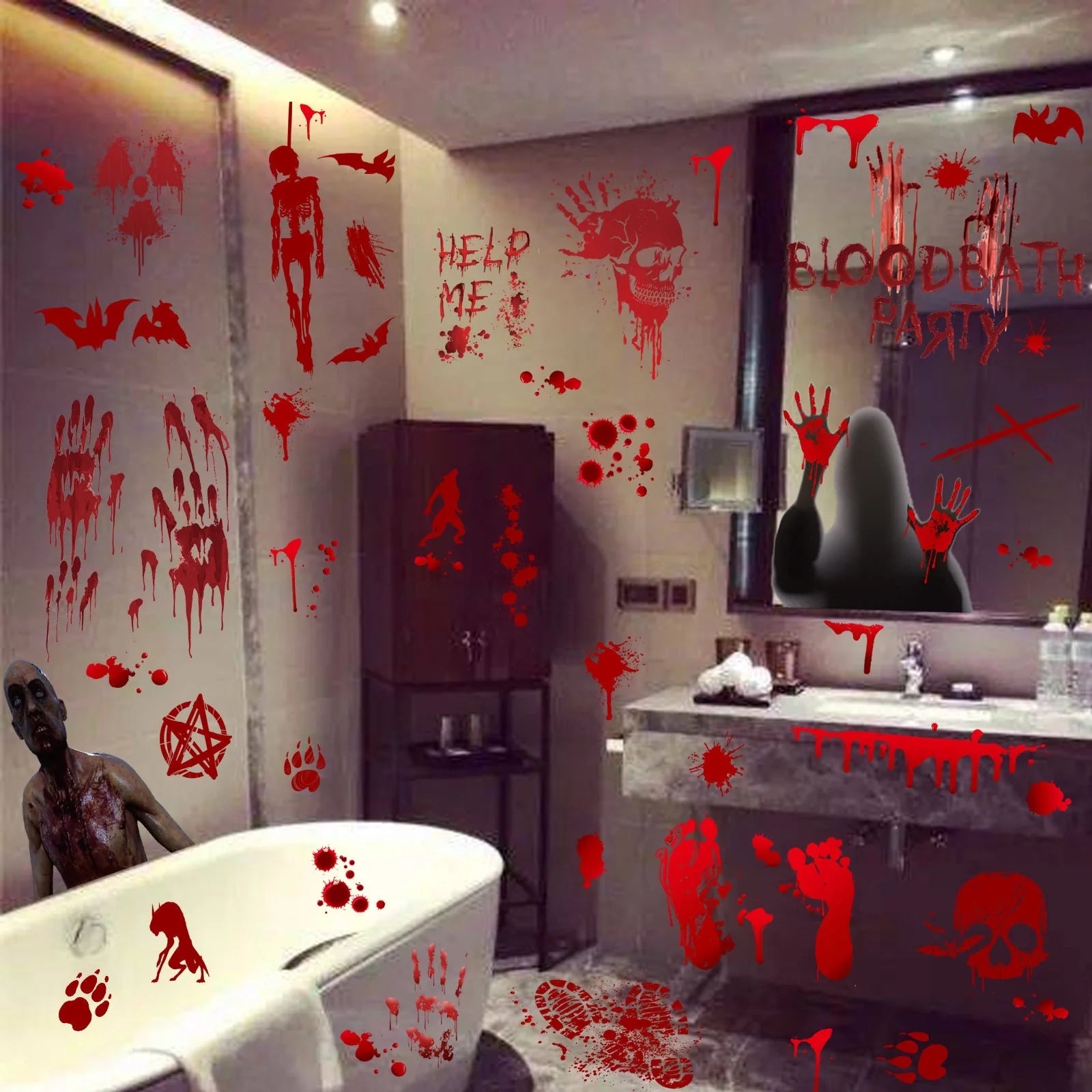 Halloween window stickers with realistic blood handprints and footprints for spooky decor