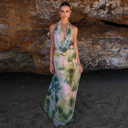 Women's 2pcs Tie Dye Printing Deep V-neck Suits for beach parties in green and purple