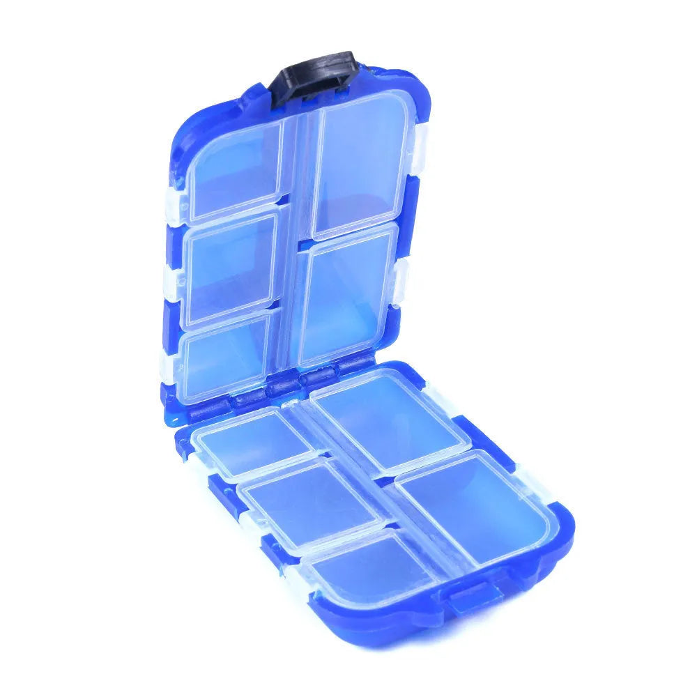 Black fishing tackle storage box with 10 internal compartments measuring 9.5x6.5x3cm