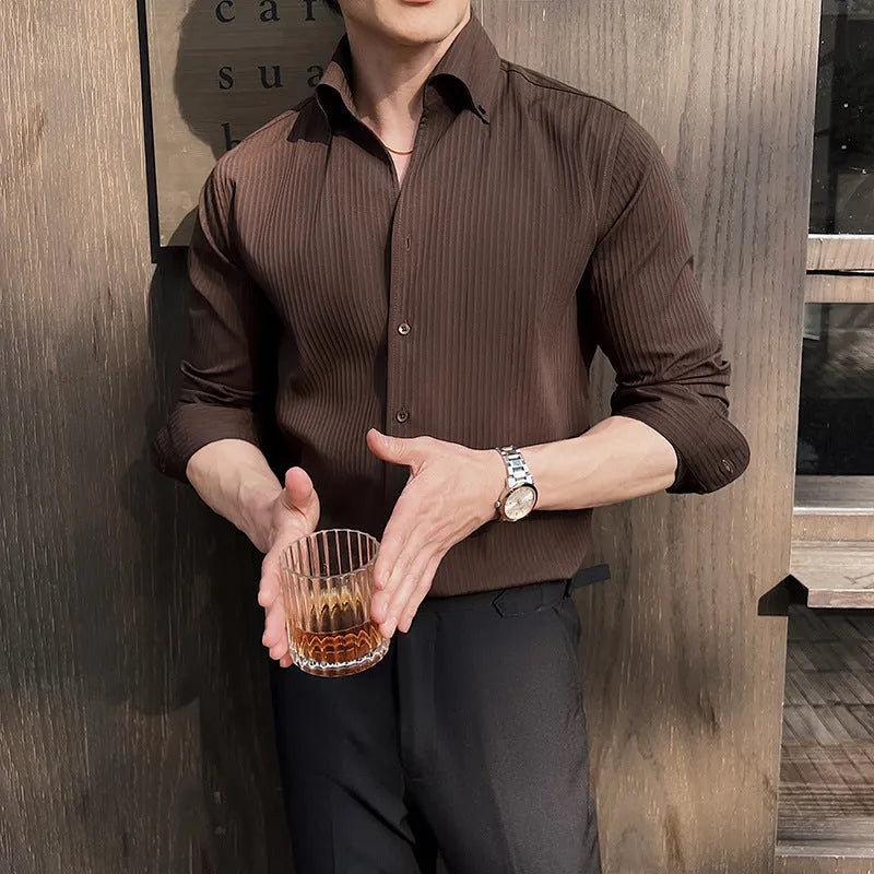 Men's Dark Stripes V-neck Long Sleeve Cardigan Shirt in Youth Casual Style, Regular Fit Chemical Fibre Blend Fabric for Spring and Autumn Leisure Wear with Available Sizes from M to 4XL