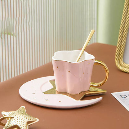 Ceramic cup set with star and moon saucer, 120ML capacity, porcelain material