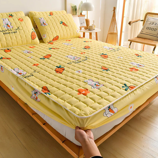 Mattress cover dust cover with brushed weave texture shown on bed, includes bed cover and pillowcase