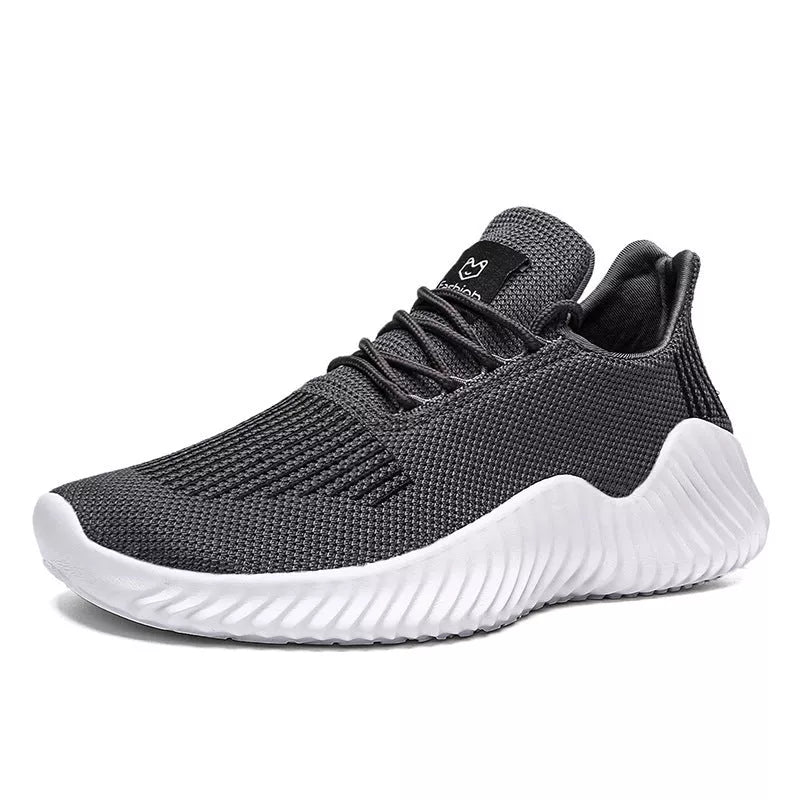 Breathable mesh men's sports shoes with non-slip rubber sole in white, black, and grey
