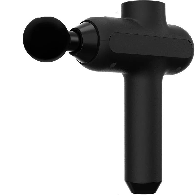 Black cordless electric muscle massager with six different coloured attachment heads on a white background.