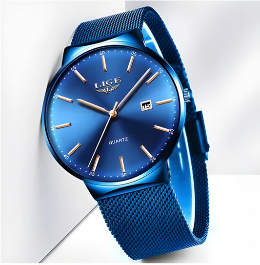 Men's stainless steel wristwatch with 40mm dial showing black, blue, or two-tone colour options