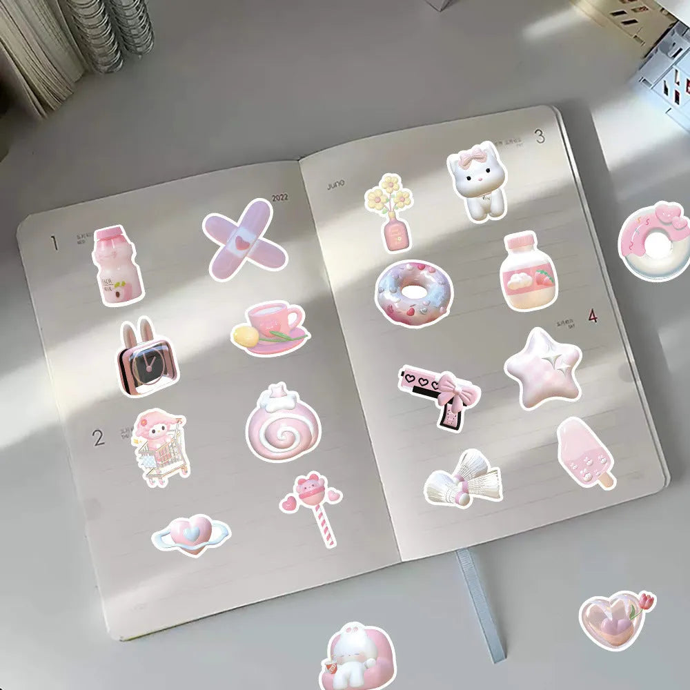 Pink 3D decorative stickers with girl heart designs, 63 pieces per pack showing dimensional printing texture