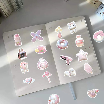Pink 3D decorative stickers with girl heart designs, 63 pieces per pack showing dimensional printing texture