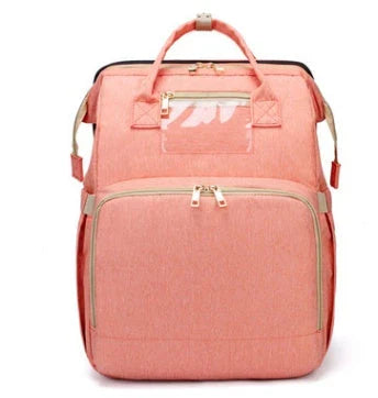 Versatile baby changing backpack with USB charging port and folding portable bed