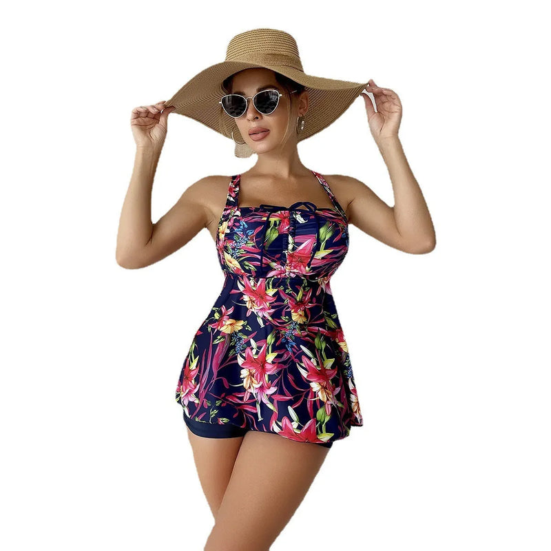 Women's Swimsuit Skirt Style Swimsuit with High Waist and Floral Printed Bikini Set, Red Flower Purple Pattern Yellow Flower Blue Pattern Options, Briefs Style Polyester Superfine Matte Fabric for Swimming and Wading