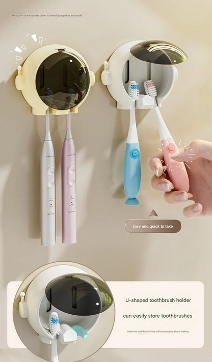 Cartoon wall-mounted no-drilling toothbrush holder in pink, white, and yellow for bathroom storage