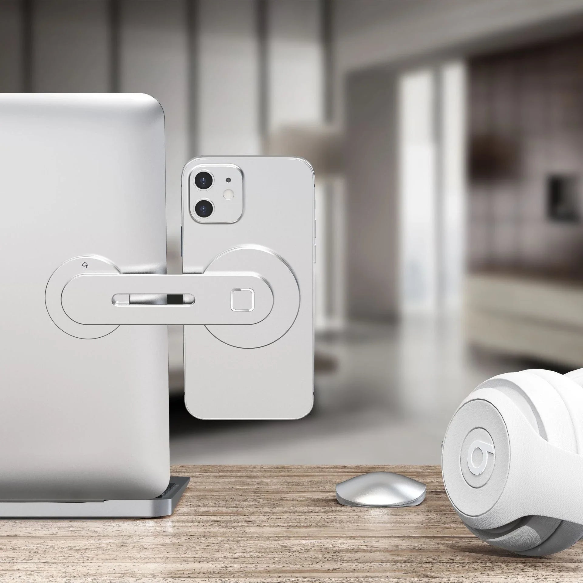 Adjustable phone mount with magnetic base, attaches to desk or laptop for hands-free use
