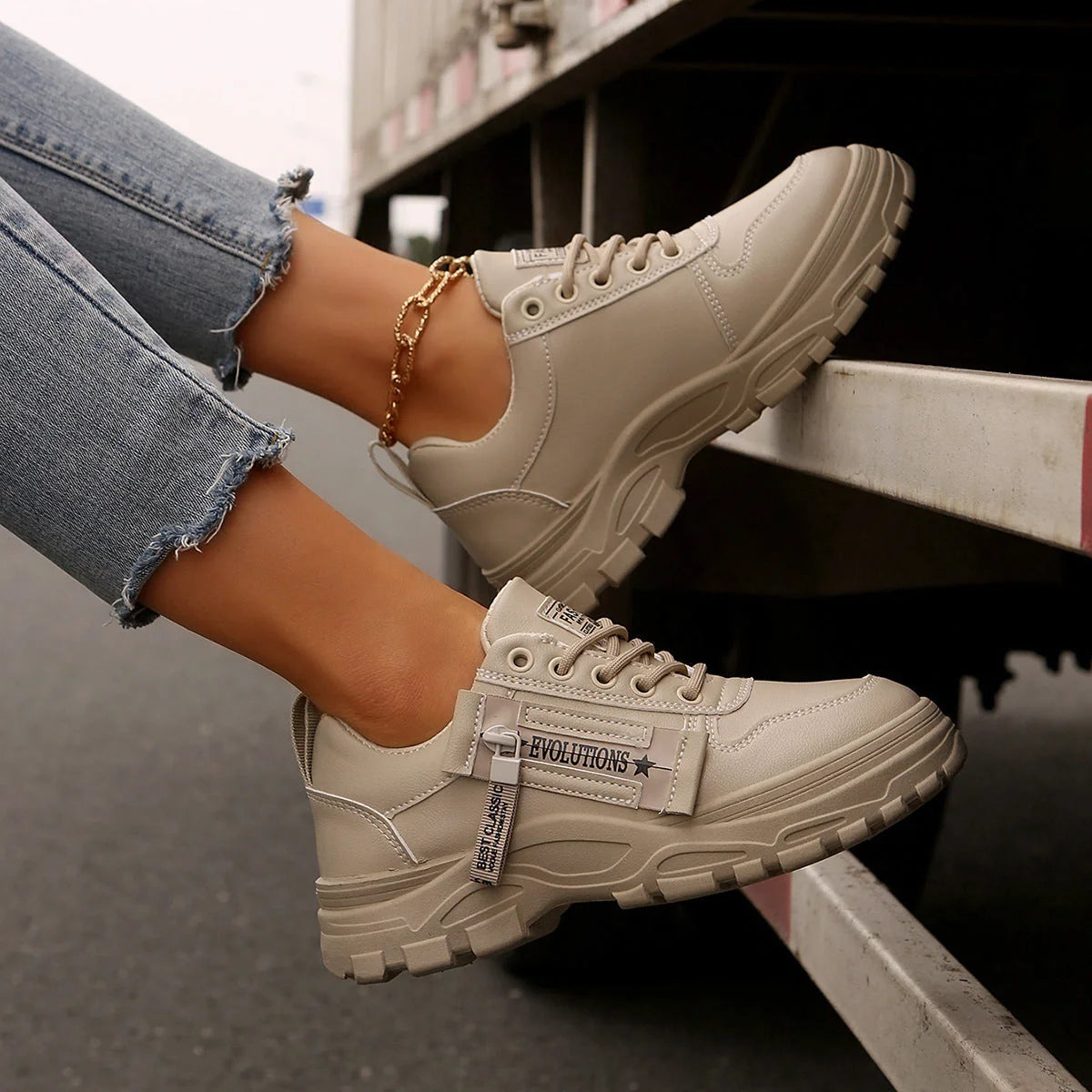 Stylish women's lace-up sneakers with side zipper in various colors