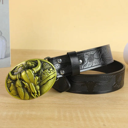 Men's brown imitation leather belt with an embossed alloy cow head pin buckle fastened on trousers.