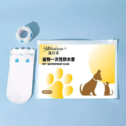 White disposable waterproof shoe covers for dogs, shown in a pack of 20.