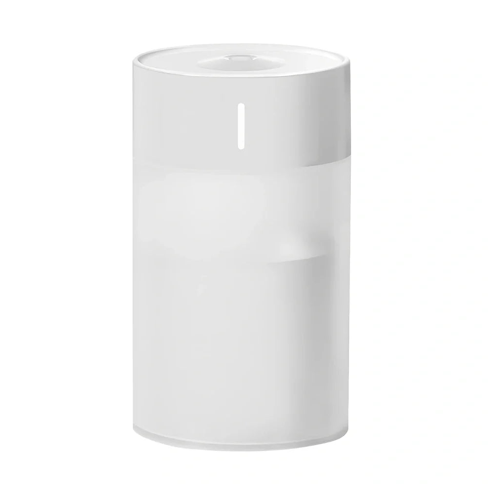 Columnar ultrasonic humidifier in pearl white measuring 140mm × 70mm with USB cable