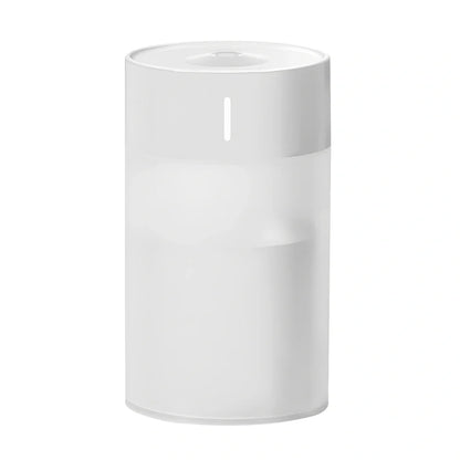 Columnar ultrasonic humidifier in pearl white measuring 140mm × 70mm with USB cable