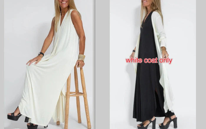 Women's V-neck sleeveless dress and long cardigan jacket set in solid colors