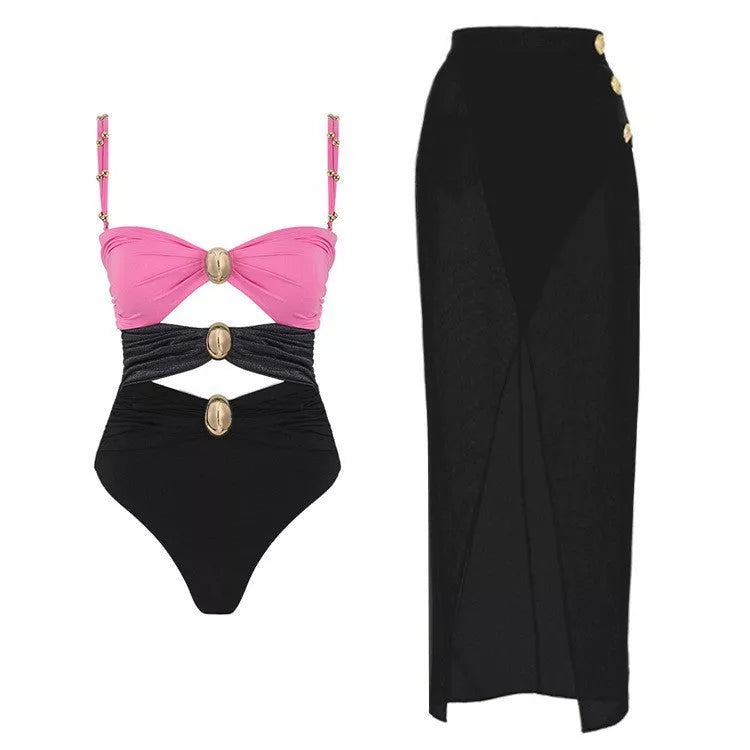 Women's one-piece swimsuit with round buckle decoration and hollow out stitching in various colors