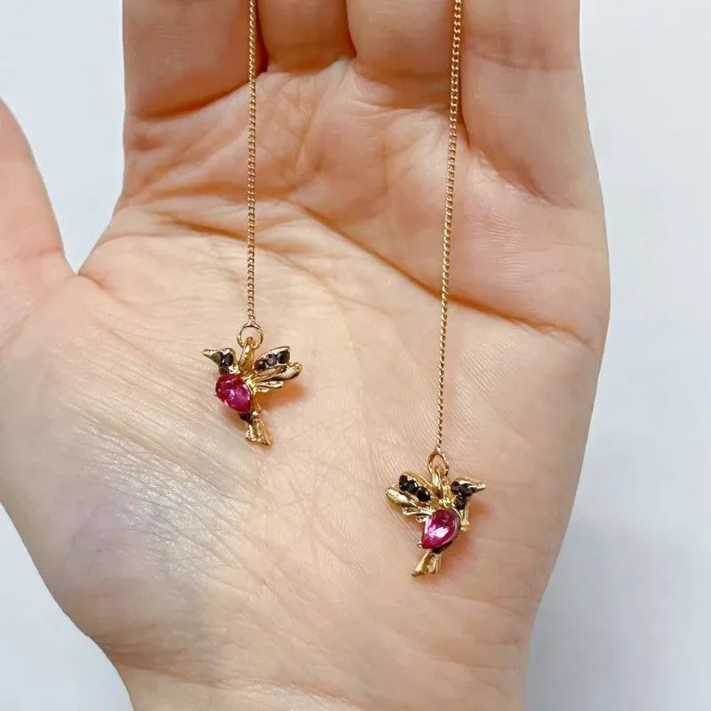 Long style bird hanging personalised earrings for women featuring alloy construction with electroplated finish in red, blue or red lvzuan colours and zodiac animal styling