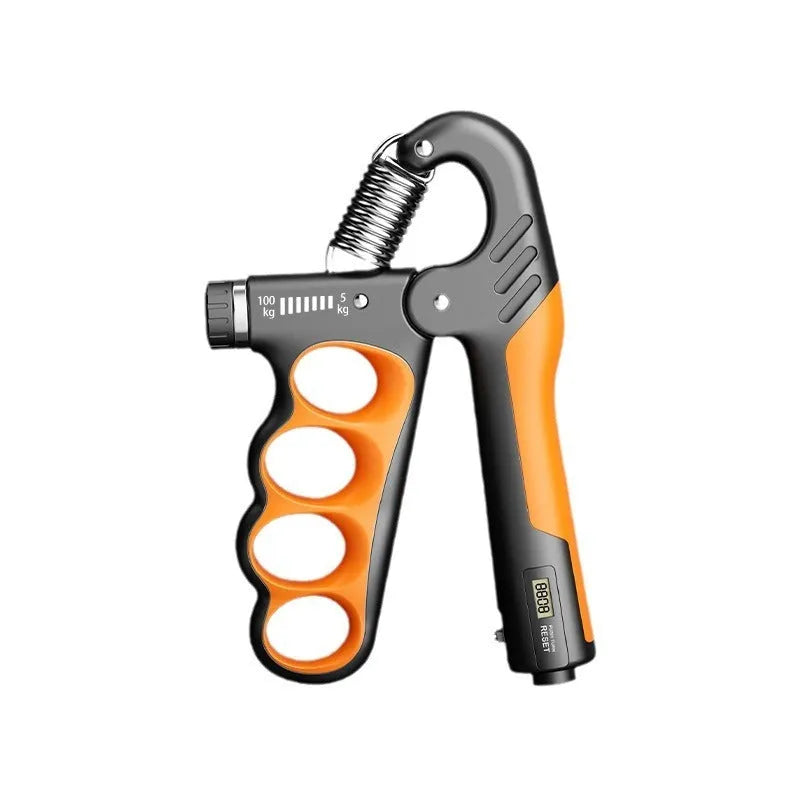 Adjustable electronic count spring gripper in orange, red, or grey with digital display.