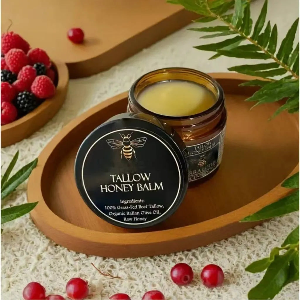 Glass jar of Honey Butter Moisturising Facial Cream with 57g net content label, shown with cream texture.