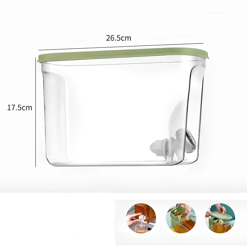Home refrigerator water cooler with tap showing green colour option and 1-litre capacity bottle