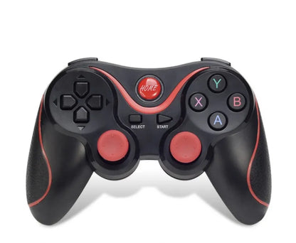 Upgraded X3 Bluetooth wireless game controller with mobile phone clip attached, showing textured grips and button layout