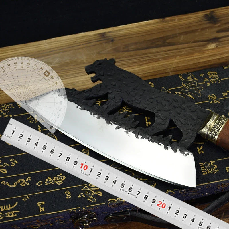 Premium forged meat cleaver with a thick, sharp manganese steel blade and a beautiful rosewood handle