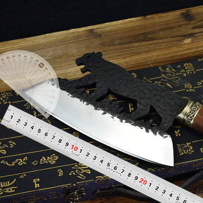 Premium forged meat cleaver with a thick, sharp manganese steel blade and a beautiful rosewood handle