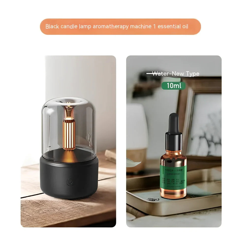 Compact black aroma diffuser humidifier with remote control on wooden surface