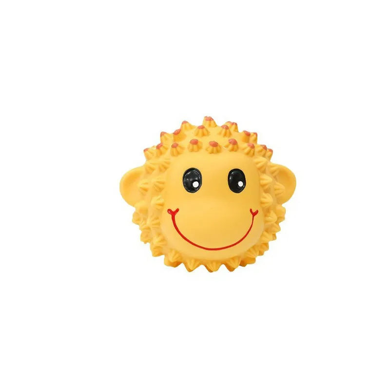 Latex squeaky dog toys in lamb and monkey designs, 3 inches diameter with spiky texture for dental cleaning