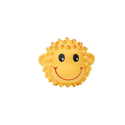 Latex squeaky dog toys in lamb and monkey designs, 3 inches diameter with spiky texture for dental cleaning