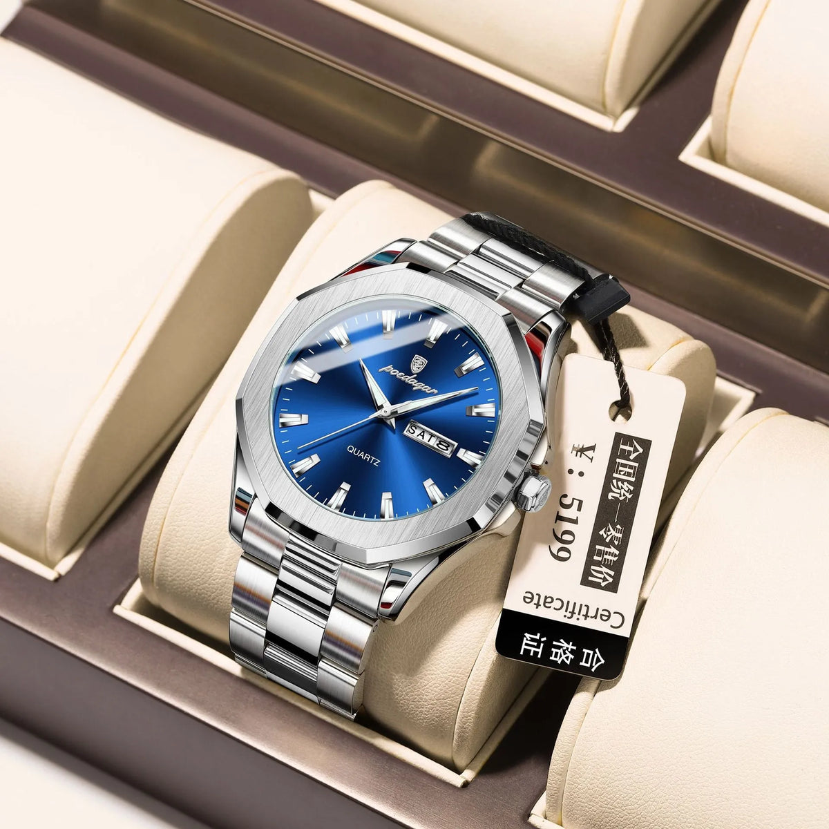 Men's steel strap quartz business watch with 9mm thickness in multiple colour options
