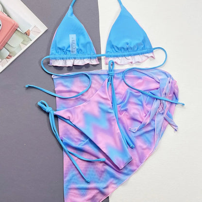 Women's split tie-dye bikini set with skirt, bra, and panties in pictured colour